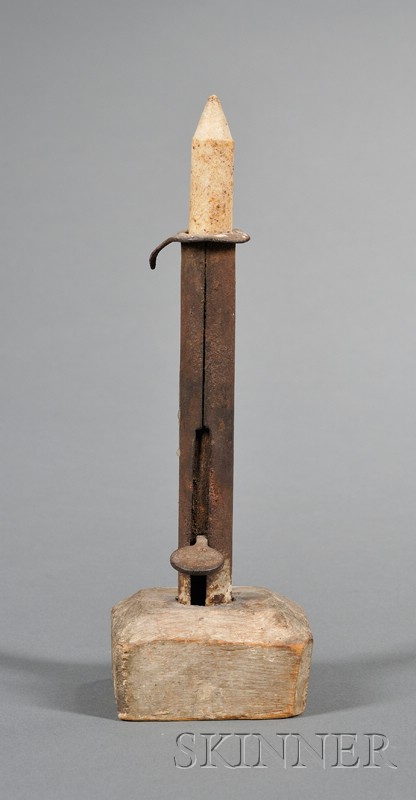 Appraisal: Make-Do Iron and Wood Hogscraper Candlestick America early th century