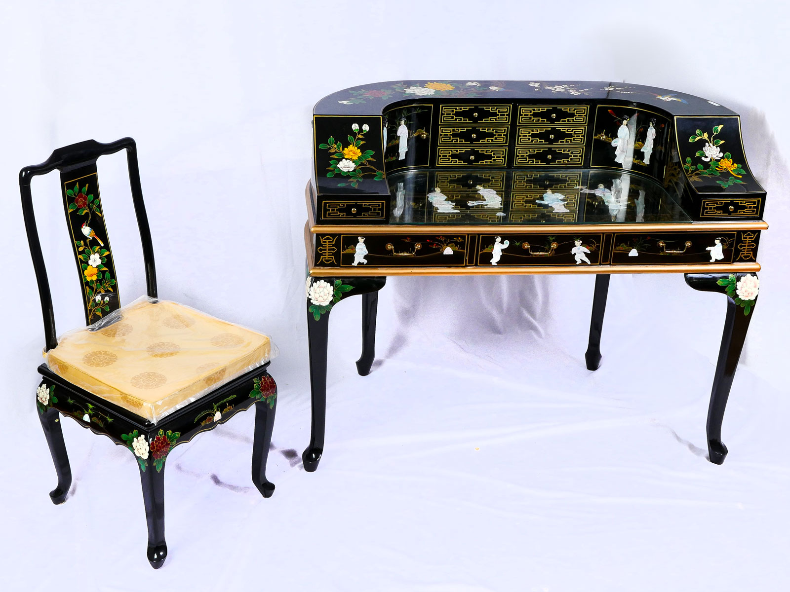 Appraisal: CHINESE BLACK LACQUER DEMILUNE DESK CHAIR Painted drawer black lacquered