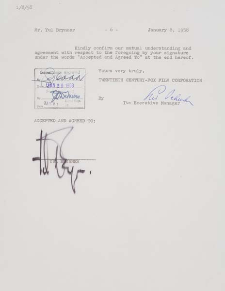 Appraisal: YUL BRYNNER Contract signed by Brynner for The Sound and