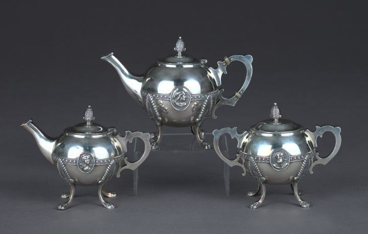 Appraisal: Rare Three-Piece American Coin Silver Medallion Tea Service third quarter