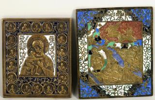 Appraisal: Two Russian Enameled Brass Icons Two Russian enameled brass icons