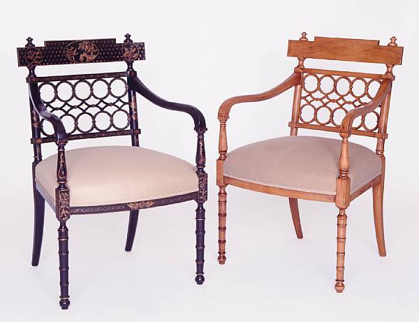 Appraisal: A set of six Regency style beechwood chinoiserie armchairs Each