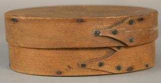 Appraisal: Shaker oval pantry box three finger with copper points and