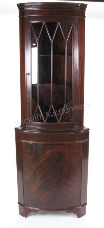 Appraisal: Period-Style Mahogany Bow-front Corner Cabinet with glass door having individual