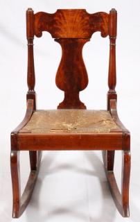 Appraisal: MAHOGANY RUSH SEAT CHILD'S ROCKING CHAIR H W D Back