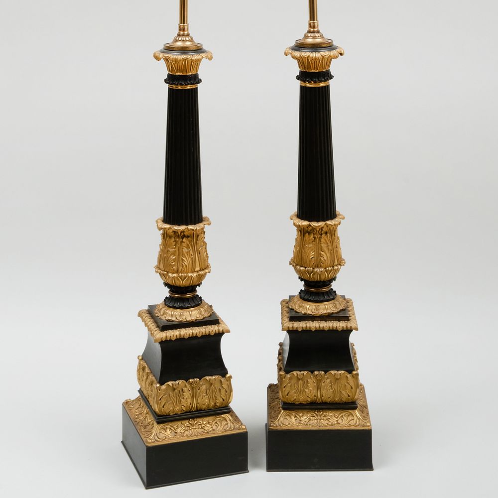 Appraisal: Pair of Charles X Style Ormolu and Patinated-Bronze Columnar Lamps