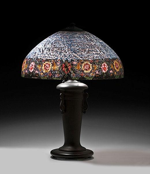 Appraisal: HANDEL CHIPPED REVERSE-PAINTED LAMP ca domical chipped reverse-painted shade with