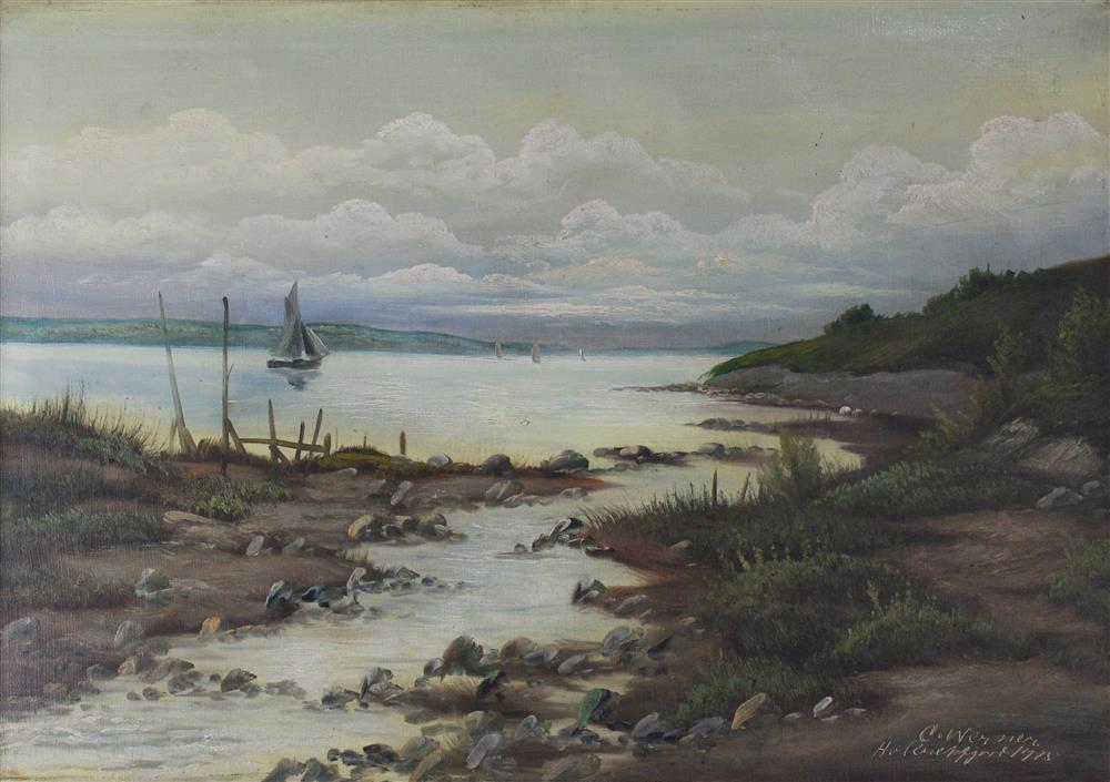 Appraisal: C WERNER LANDSCAPE WITH WATER AND SAILBOAT Oil on canvas