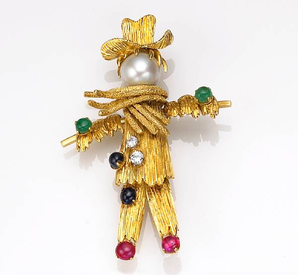 Appraisal: A cultured pearl diamond and multi-gem brooch in the form