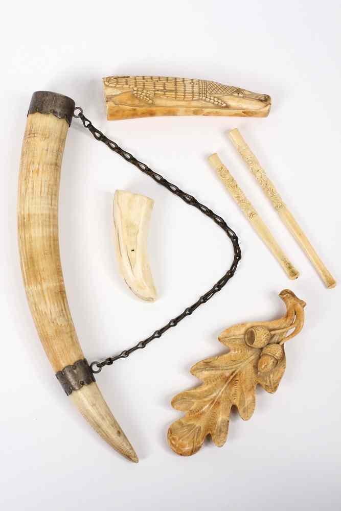 Appraisal: SIX PIECES CARVED IVORY - Including A Silver Mounted Drinking