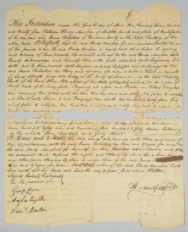 Appraisal: Col Hardy Murfree signed land sale to James Robertson Land