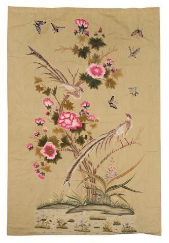 Appraisal: Chinese embroidered canvas wall hanging th c with butterflies pink