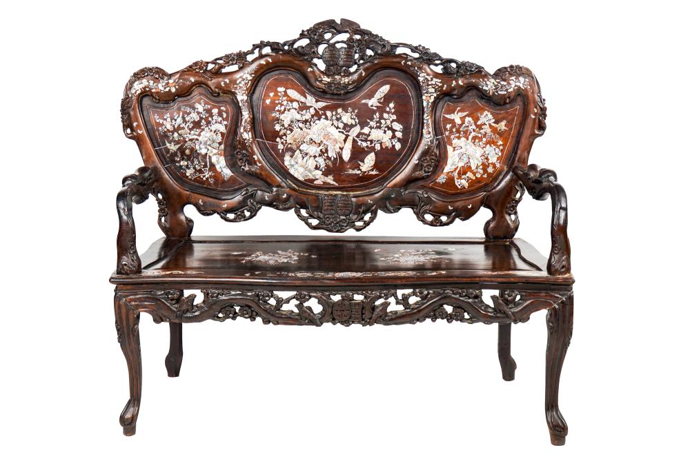 Appraisal: CHINESE CARVED INLAID SETTEE inches wide inches deep inches high