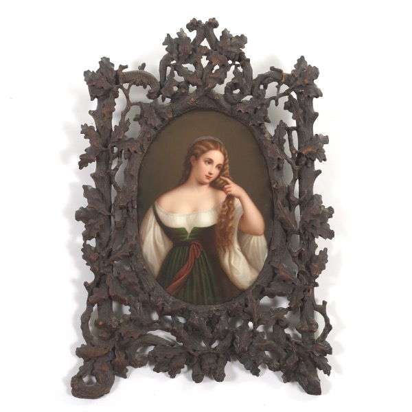 Appraisal: BLACK FOREST PORCELAIN PAINTED PORTRAIT OF YOUNG WOMAN IN OAK