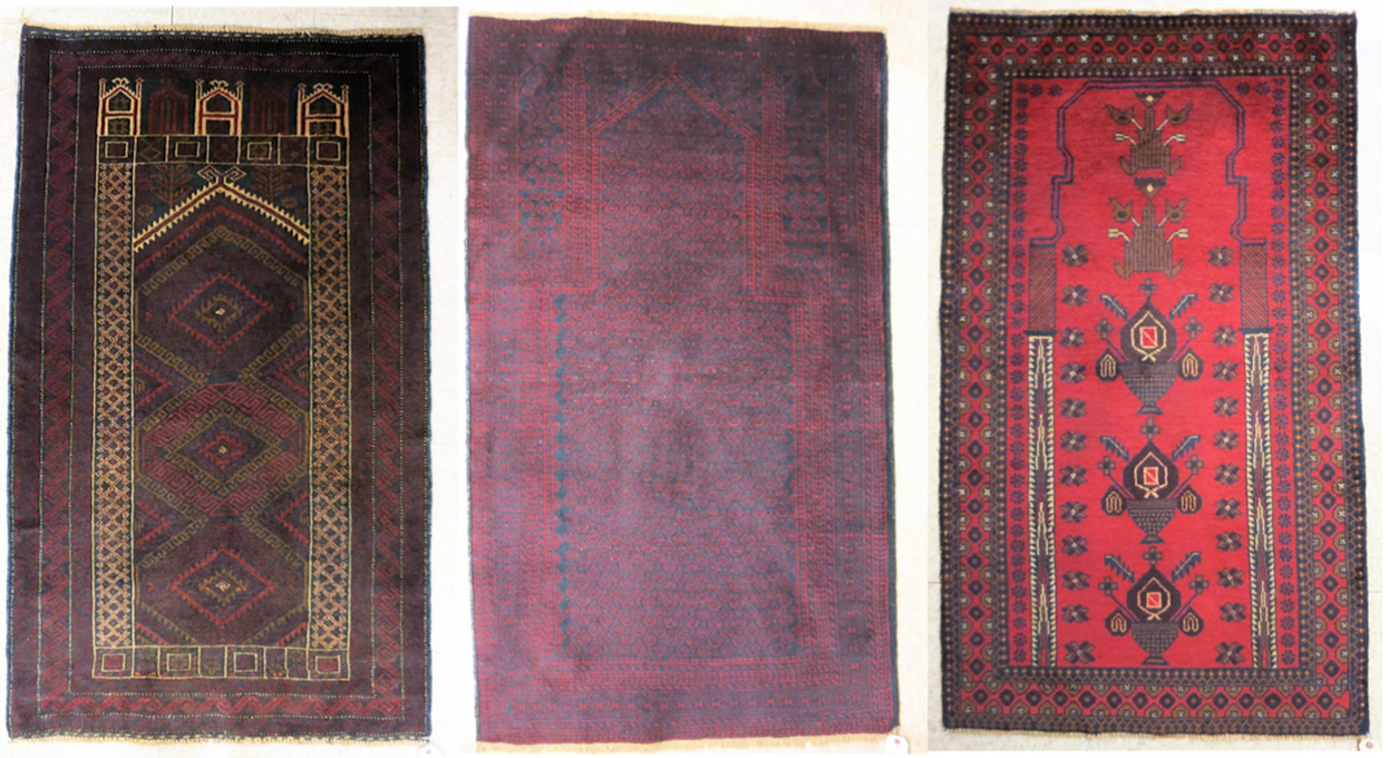 Appraisal: THREE AFGHANI TRIBAL PRAYER RUGS all hand knotted wool sizes