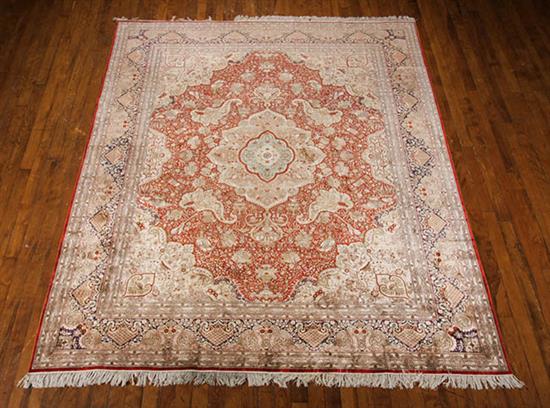 Appraisal: Chinese Silk Rug Post Red ground with implement and trellising