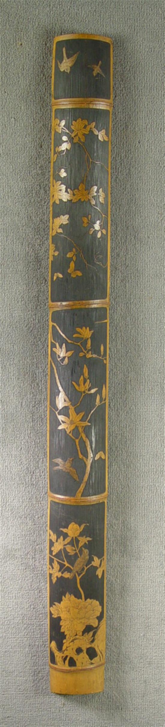 Appraisal: Decorated Bamboo Half-Column Hand carved bamboo section with four panels