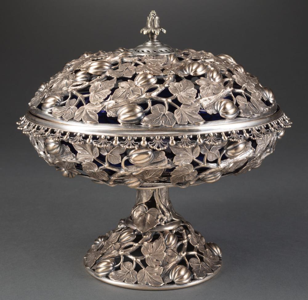 Appraisal: Continental Silverplate Compote and Cover reticulated fruit vine and leaf