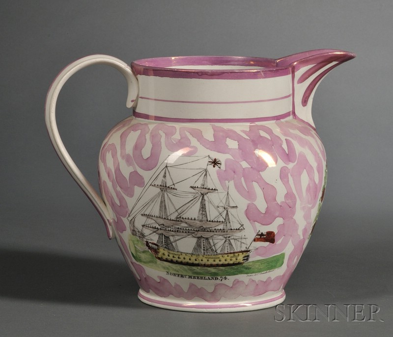 Appraisal: Polychrome and Transfer-decorated Sunderland Pottery Pitcher Hylton Pottery England early