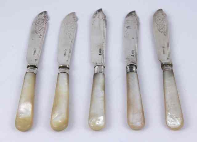 Appraisal: Five engraved silver fish knives J J Maxfield Ltd Sheffield