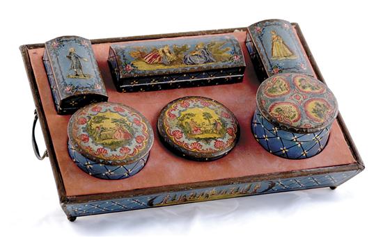 Appraisal: French papier mache dresser set circa six small decorated boxes