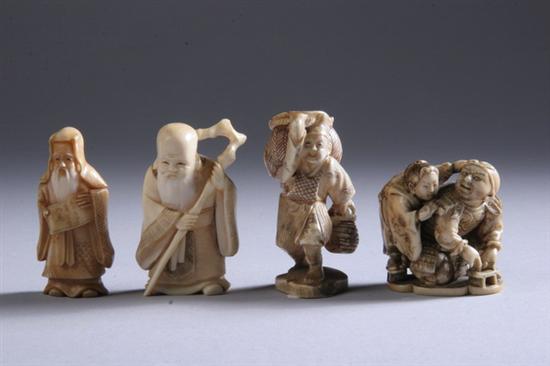 Appraisal: FOUR JAPANESE IVORY OKIMONO Carved to depict buddha figural group