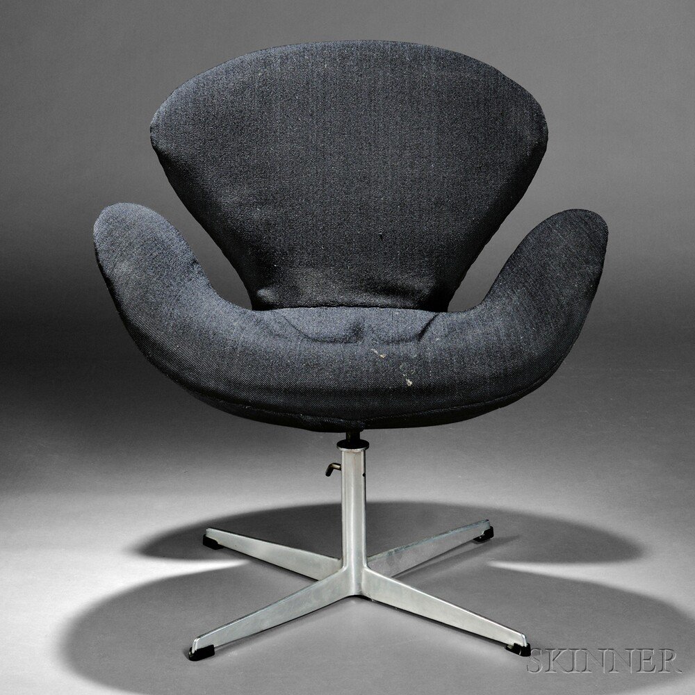 Appraisal: Swan Chair Upholstery aluminum Arne Jacobsen design Black reupholstered fabric