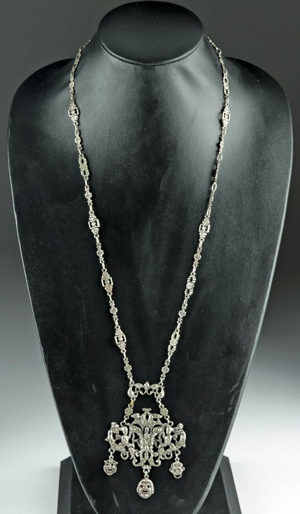 Appraisal: Early th C European Silver Necklace w Masks Western Europe