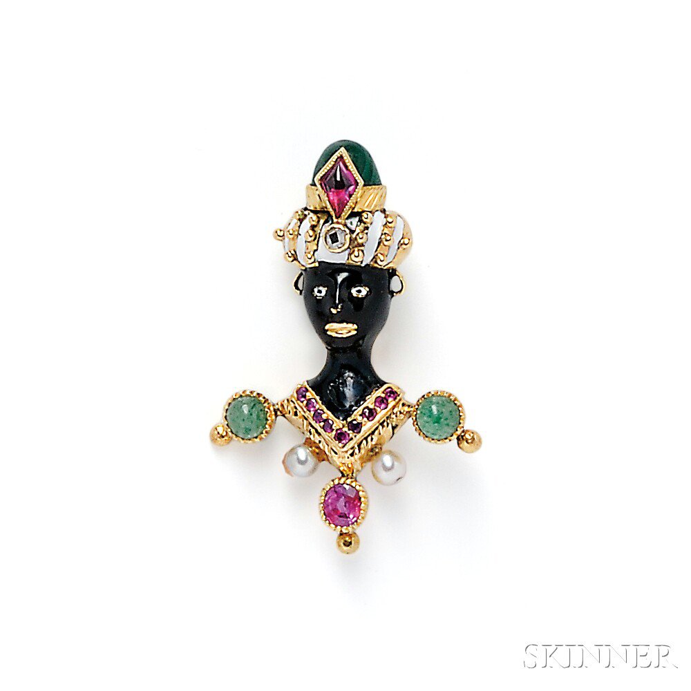 Appraisal: kt Gold Gem-set Blackamoor Brooch the enamel figure with malachite