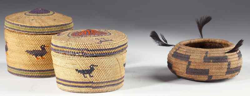 Appraisal: Three Miniature Native American Basketstwo of cylindrical form with covers