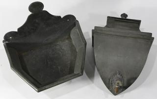 Appraisal: French pewter lavabo the shield form wall mount canister with