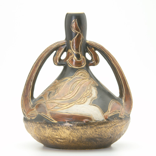 Appraisal: OWENS HENRI DEUX Two-handled vase with Art Nouveau maiden Unmarked