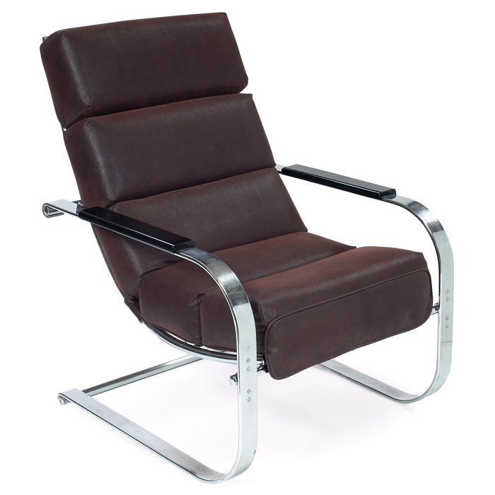 Appraisal: Gilbert Rohde lounge chair by Troy Sunshade cantilevered flat-banded chrome-plated