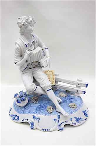 Appraisal: 'CAPODIMONTE'' BLUE WHITE PORCELAIN FIGURINE of a young man playing