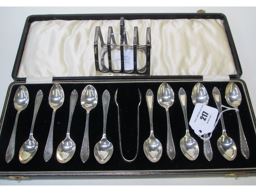 Appraisal: Lot comprising cased set of twelve silver spoons with tongs