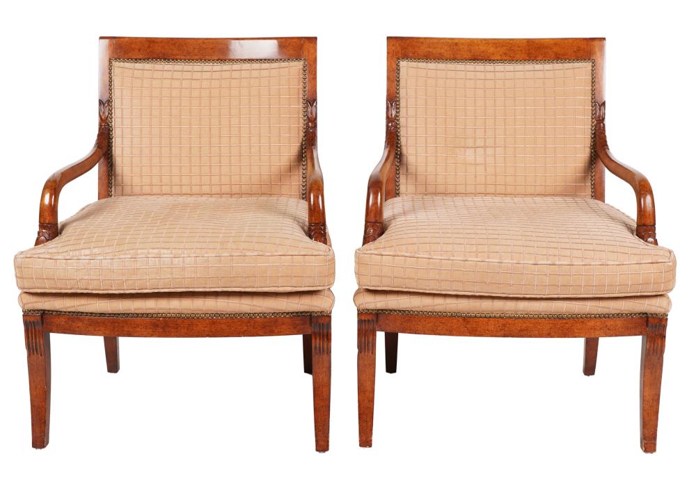 Appraisal: PAIR OF STAINED NEOCLASSICAL STYLE OPEN ARMCHAIRSwith removable cushions inches