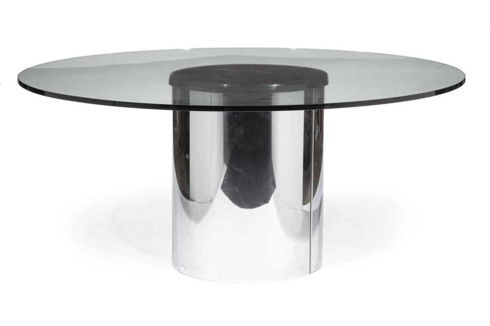 Appraisal: Contemporary Glass and Chrome Dining Table chrome cylindrical base in