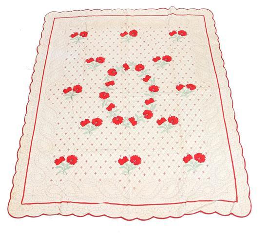 Appraisal: APPLIQUE QUILT Hand sewn with deep red carnations and scalloped