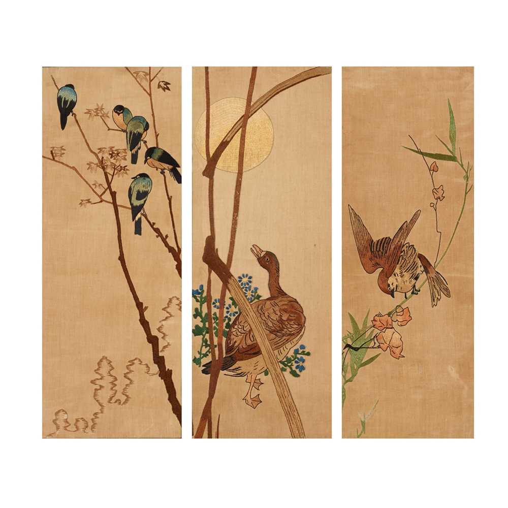 Appraisal: ENGLISH THREE AESTHETIC MOVEMENT ANGLO-JAPANESE EMBROIDERED PANELS CIRCA coloured silks