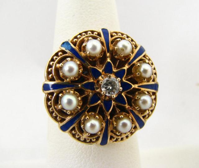 Appraisal: K rose gold pearl and diamond ring with cobalt enameling