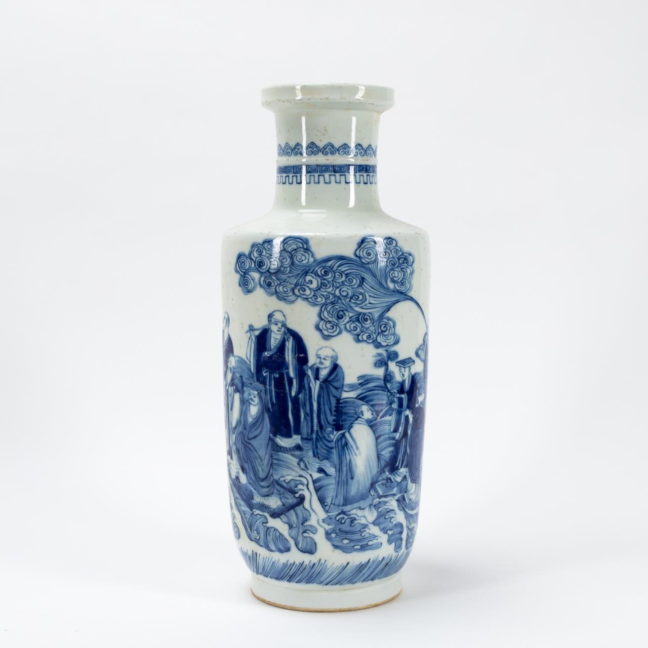 Appraisal: CHINESE BLUE WHITE FIGURAL BANGCHUIPING VASE Chinese blue and white