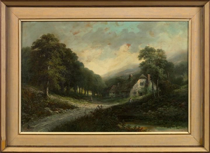 Appraisal: British School Early th Century Country Landscape with Cottages and