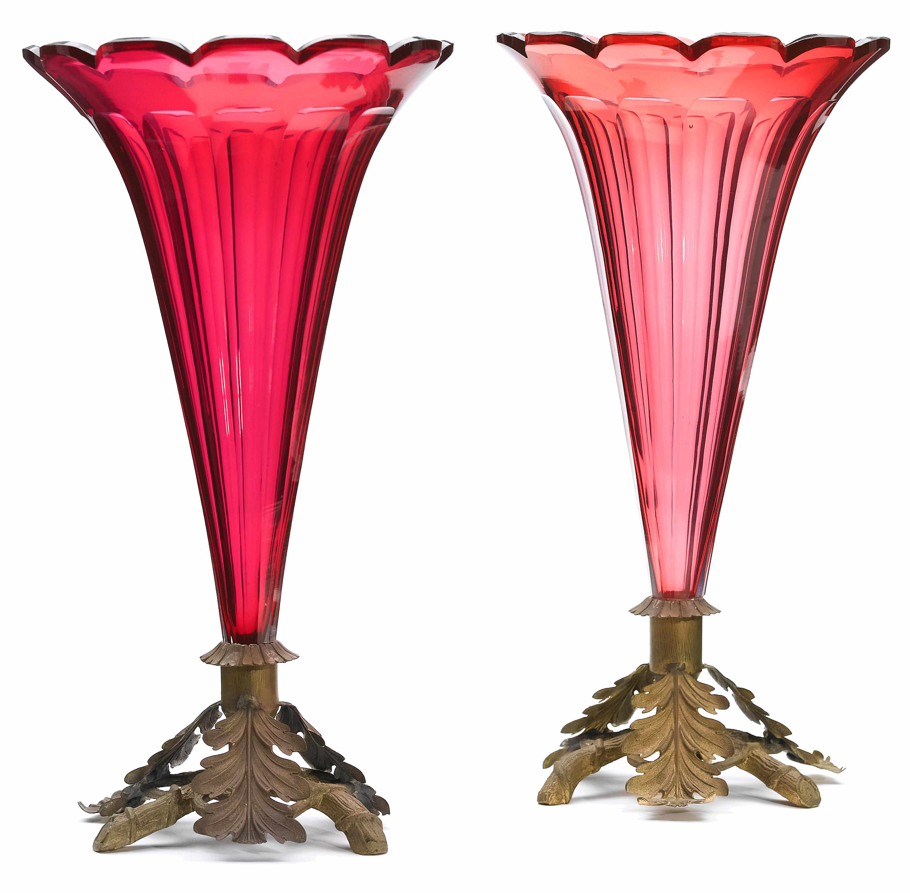 Appraisal: A pair of Continental cranberry glass and gilt brass vases