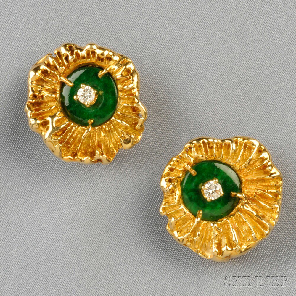 Appraisal: kt Gold Jade and Diamond Earclips Arthur King each set