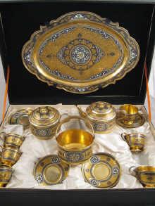 Appraisal: A cased Russian silver gilt niello and cloisonne enamel tea