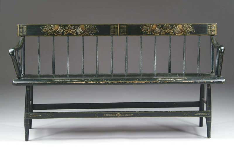 Appraisal: GREEN STENCIL DECORATED WINDSOR BENCH Tapered spindle back with rectangular