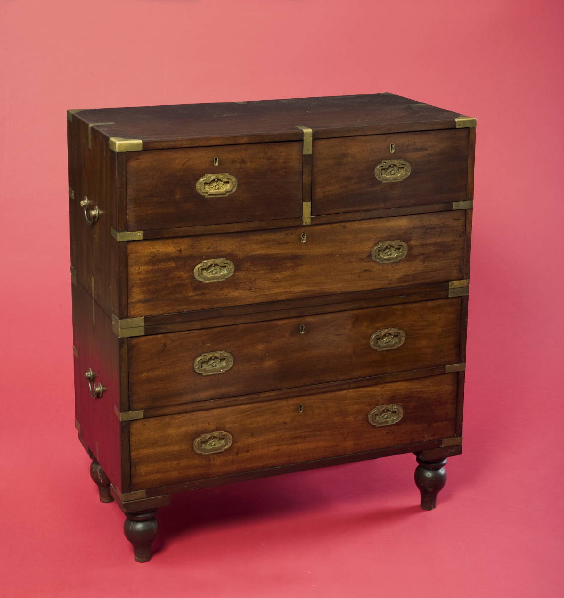 Appraisal: BRASS-BOUND MAHOGANY CAMPAIGN CHEST In two parts the rectangular top