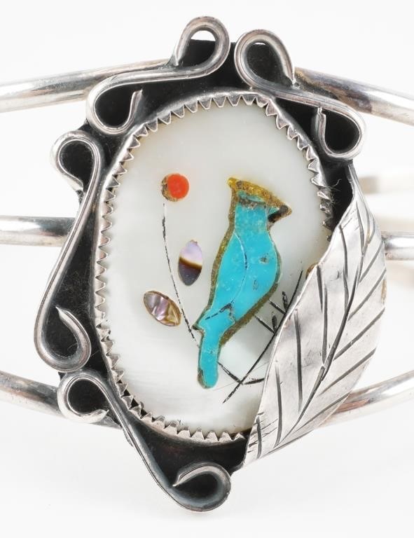 Appraisal: Sterling silver bracelet has blue turquoise blue jay bird inlay