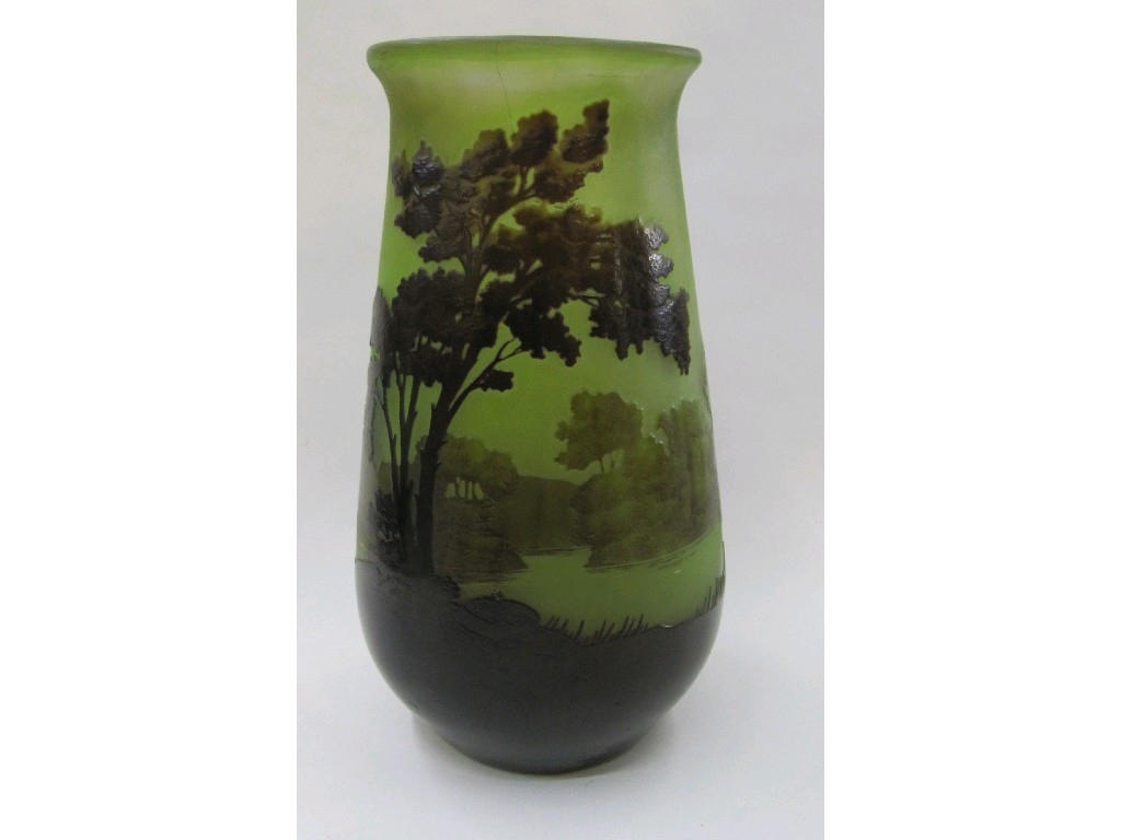 Appraisal: Cameo glass landscape vase the frosted green ground overlaid in