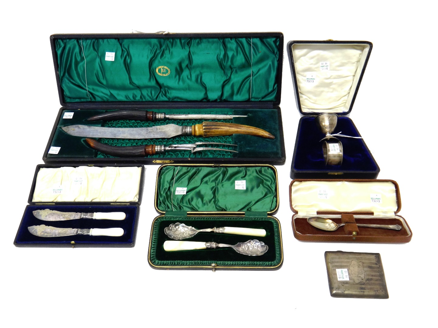 Appraisal: A three piece carving set having antler style handles cased